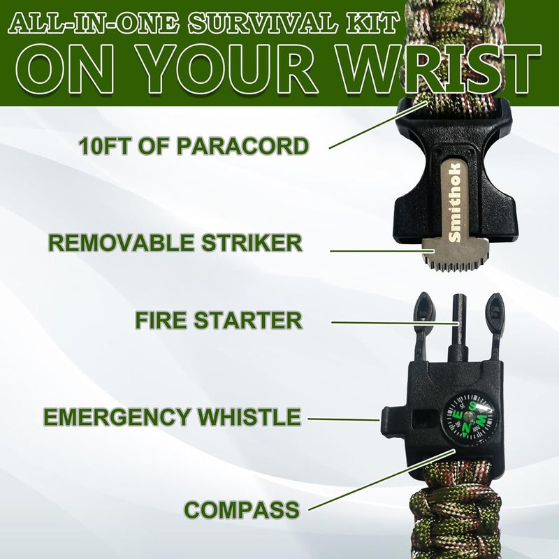 Smithok Paracord Survival Bracelet-Length Adjustable,Loud Whistle Emergency Compass Survival Fire Starter Scraper Accessories for Hiking and Camping and Hunting 4-Pack(Muti-Color) - Image 4